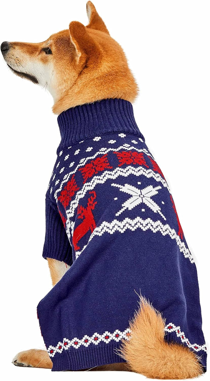 Christmas Reindeer and Snowflake Dog Sweater in Royal Blue, Back Length 18", Pack of 1 Clothes for Dogs