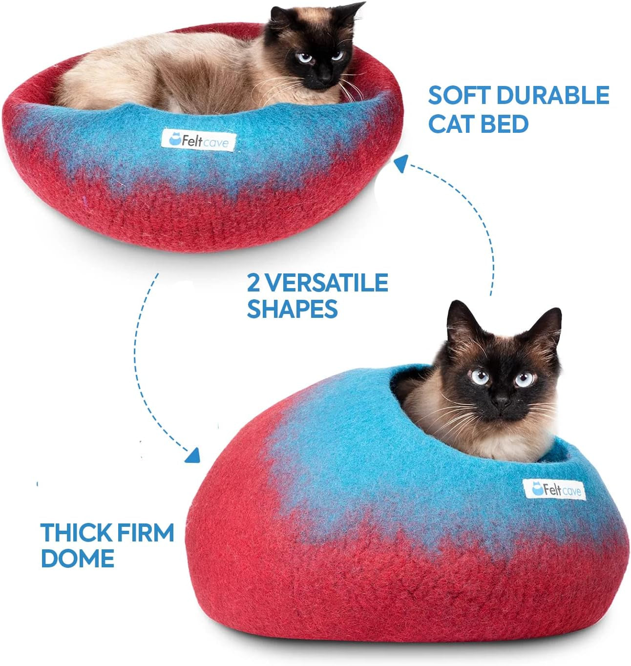 Medium Cat Cave Bed | Maroon & Aqua | Cute and Cozy Cat Cave Handcrafted Merino Wool | Hideaway for Indoor Cats | Warming Nest for Kitty | Washable Wool Fabric - Gift for Pets