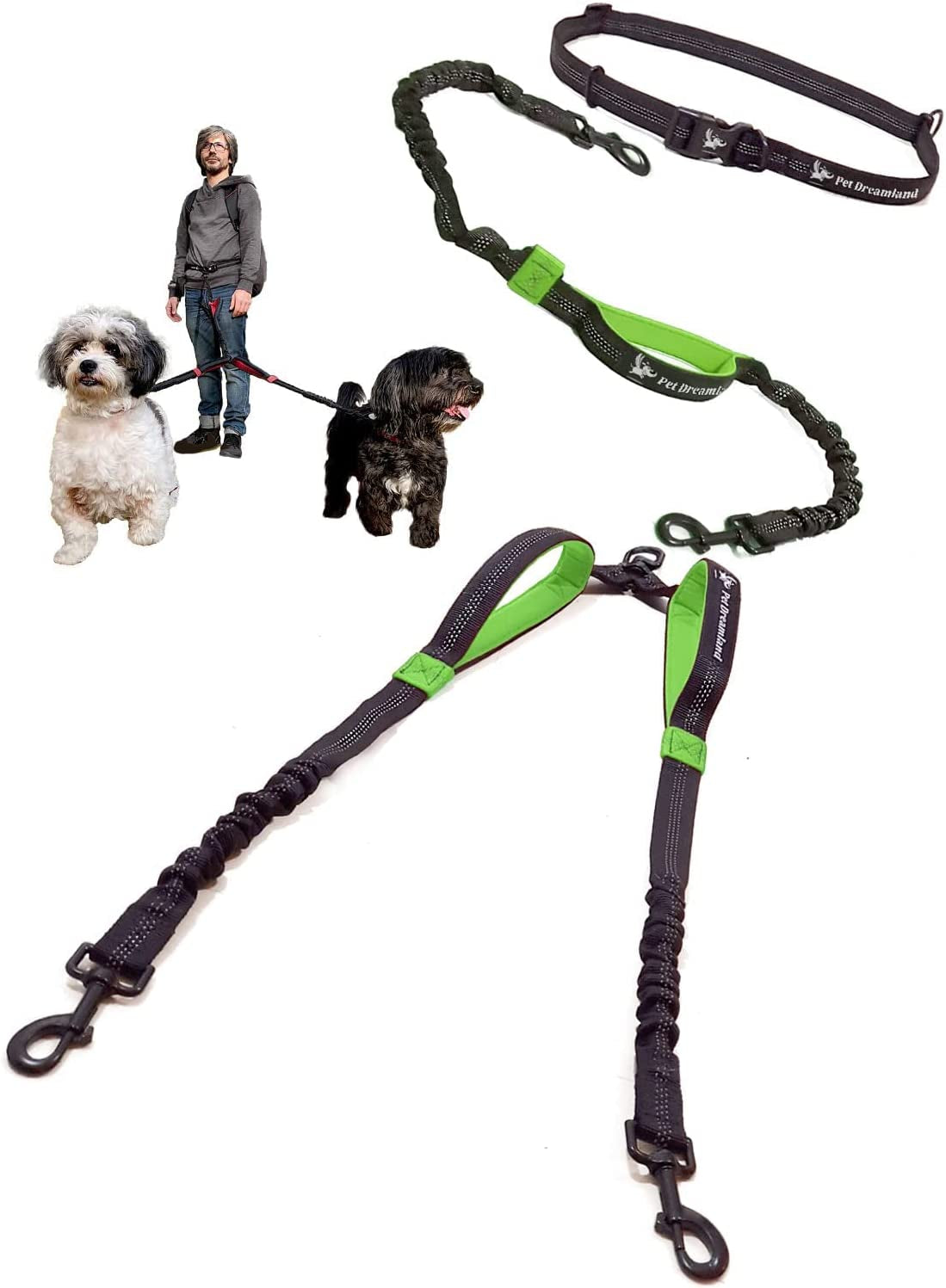 Exquisite Hands Free Double Dog Leash for Small Dogs - Dual Dog Leash - Two Dog Leash No Tangle - Dog Leash for 2 Dogs - Double Leash - Leash Splitter - Double Leash Coupler (Small, Black & Green)