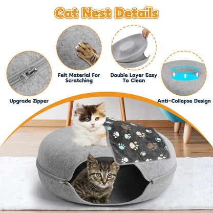 Cat Tunnel Bed,Peekaboo Cat Cave,Detachable Tunnels for Indoor Cats,Cat Tunnel Toy,Felt round Cat Bed Suitable for the Rabbits and Small Guinea Pigs(24Inch,Light Grey,Cat up to 22 Lbs)