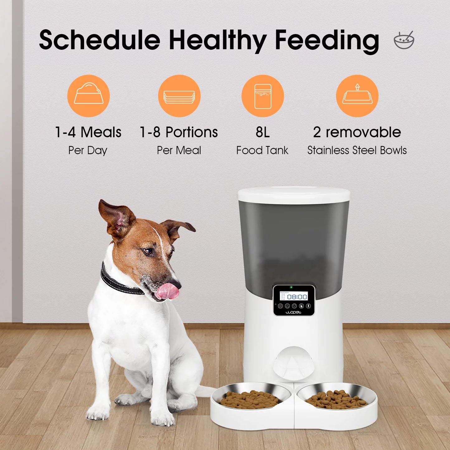 Automatic Dog Feeders, Pet Food Dispenser, Cat Feeder with Dual Stainless Steel Bowl for 2 Cats Pets, 8L, White