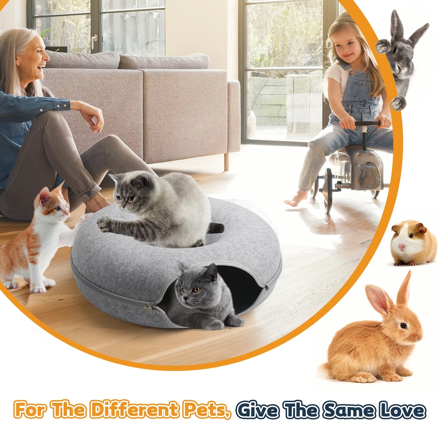 Cat Tunnel Bed,Peekaboo Cat Cave,Detachable Tunnels for Indoor Cats,Cat Tunnel Toy,Felt round Cat Bed Suitable for the Rabbits and Small Guinea Pigs(24Inch,Light Grey,Cat up to 22 Lbs)