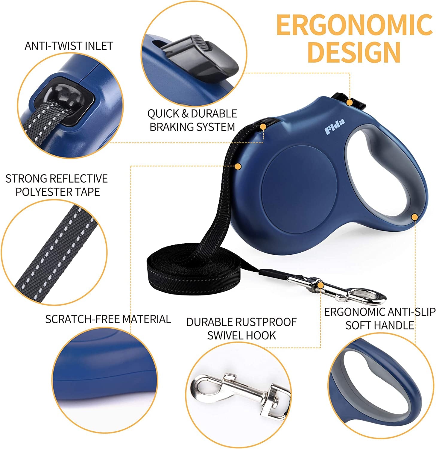 Retractable Dog Leash with Dispenser and Poop Bags, 16 Ft Pet Walking Leash for Large Dog up to 110 Lbs, Anti-Slip Handle, Tangle-Free, Reflective Nylon Tape (L, Navy Blue)