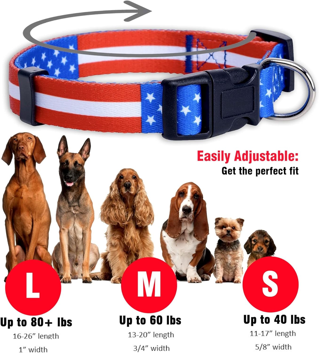 American Flag Dog Collar- Red White and Blue- Patriotic Collars for 4Th of July, USA- Adjustable Small, Medium, Large Breed Dogs (Medium, Flag I)