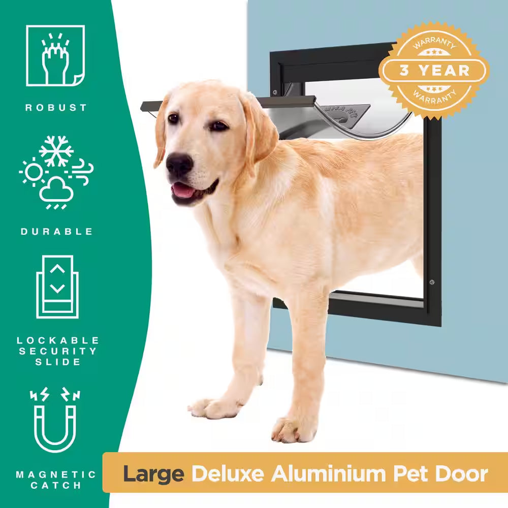 Large Deluxe Aluminum Pet Door for Dogs, Adjustable Tunnel for Walls and Screens up to 2.8 In.