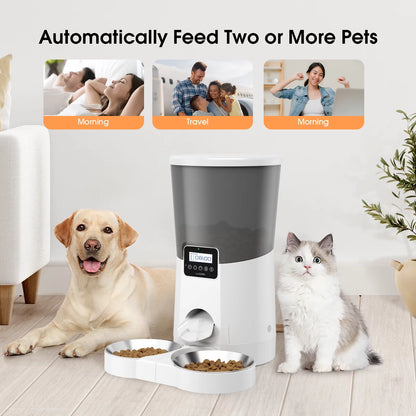 Automatic Dog Feeders, Pet Food Dispenser, Cat Feeder with Dual Stainless Steel Bowl for 2 Cats Pets, 8L, White