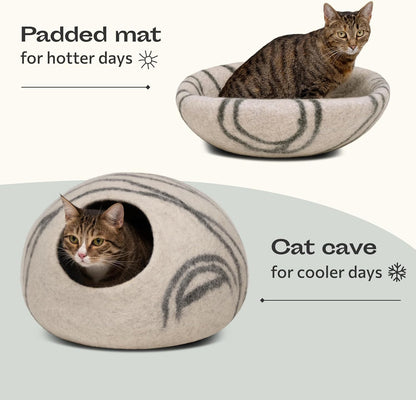 Cat Bed Cave Premium Felt - Handmade 100% Merino Wool Bed for Cats and Kittens (Light Shades) (Large, Light Grey)