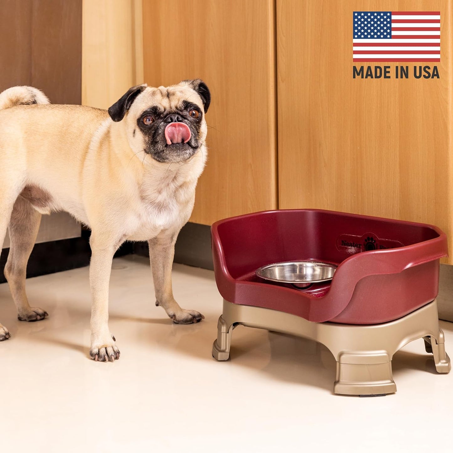 Neater Feeder - Deluxe Model Adjustable Height - Mess-Proof Dog Bowls (Small, Cranberry) - Made in USA - Elevated, No Spill, Non-Tip, Non-Slip, Raised Stainless Steel Food & Water Pet Bowls