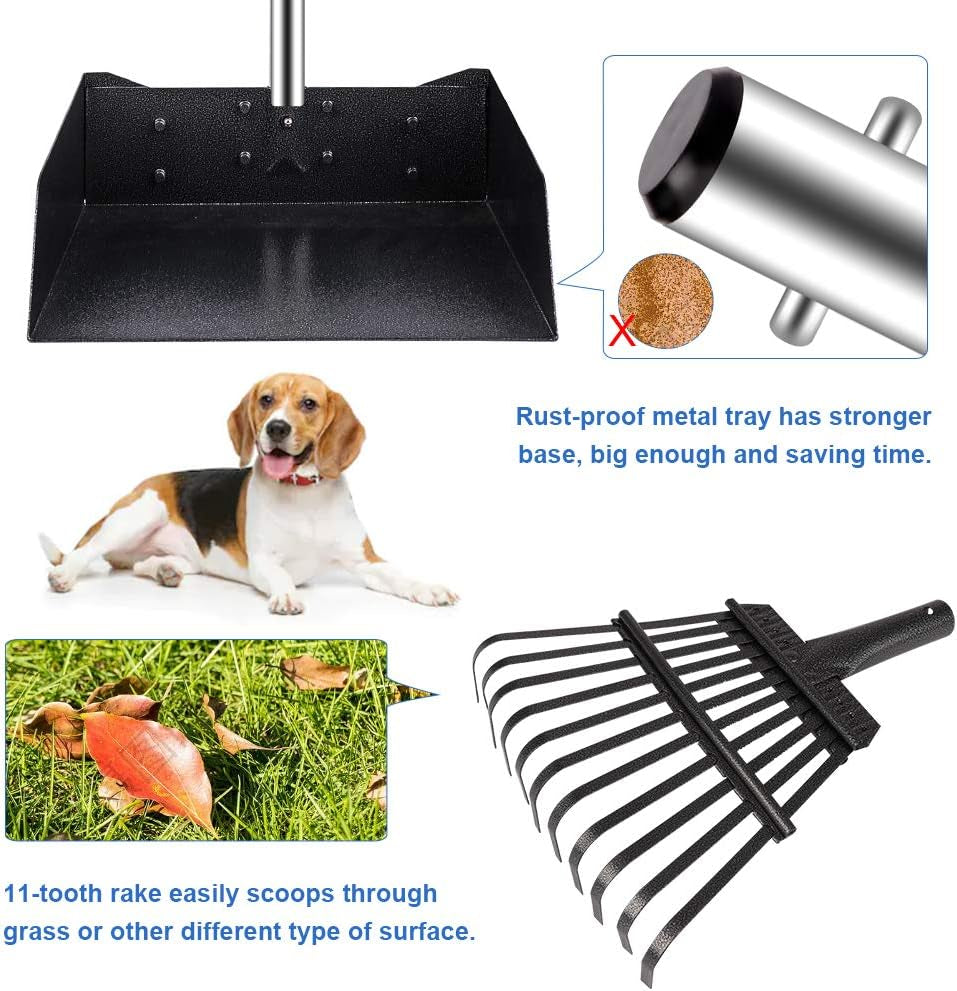 Upgraded Dog Pooper Scooper Extra Large, Adjustable Long Handle Stainless Metal Pet Poop Tray and Rake Set for Large Medium Small Dogs, Dog Waste Removal Bin Rake, Great for Grass, Street, Gravel