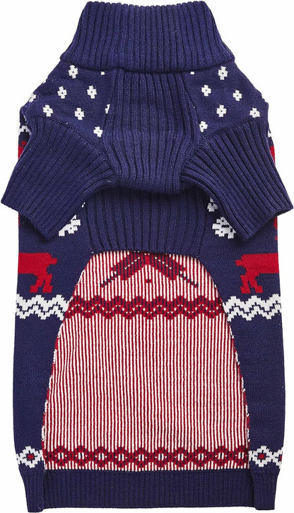 Christmas Reindeer and Snowflake Dog Sweater in Royal Blue, Back Length 18", Pack of 1 Clothes for Dogs