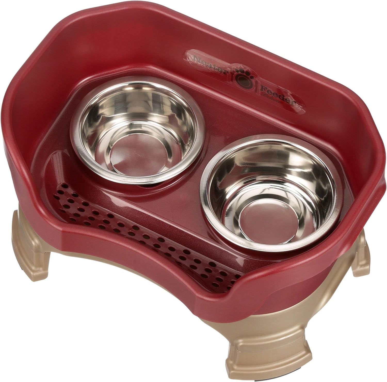 Neater Feeder - Deluxe Model Adjustable Height - Mess-Proof Dog Bowls (Small, Cranberry) - Made in USA - Elevated, No Spill, Non-Tip, Non-Slip, Raised Stainless Steel Food & Water Pet Bowls