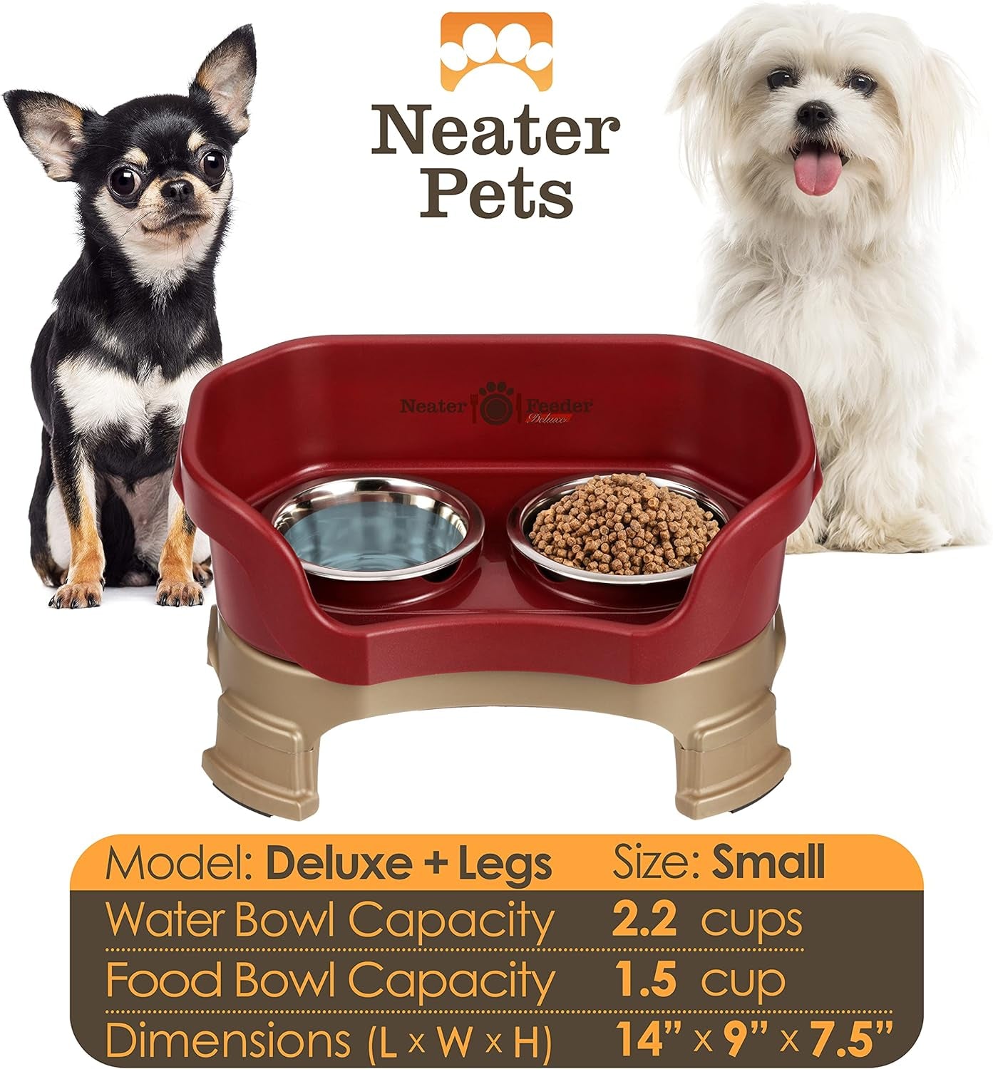 Neater Feeder - Deluxe Model Adjustable Height - Mess-Proof Dog Bowls (Small, Cranberry) - Made in USA - Elevated, No Spill, Non-Tip, Non-Slip, Raised Stainless Steel Food & Water Pet Bowls