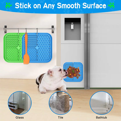 Lick Mat for Dogs,  3Pcs Slow Feeder Dog Bowls with Suction Cups（Green Dog Lick Mat + Blue Lick Mat for Cats + Orange Spatula） for Dog Treats & Cat Food (Anti-Slip, Food Grade Silicone)