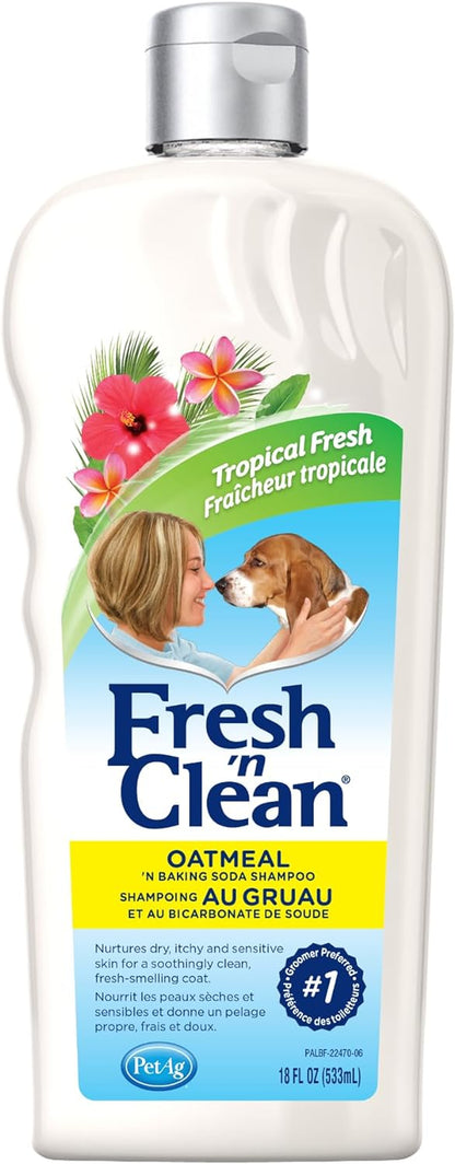 Fresh ’N Clean Oatmeal ’N Baking Soda Shampoo - Tropical Fresh Scent - 18 Oz - Nurtures Dry, Itchy & Sensitive Skin with Vitamin E & Aloe - Strengthens & Repairs Coats - Soap Free