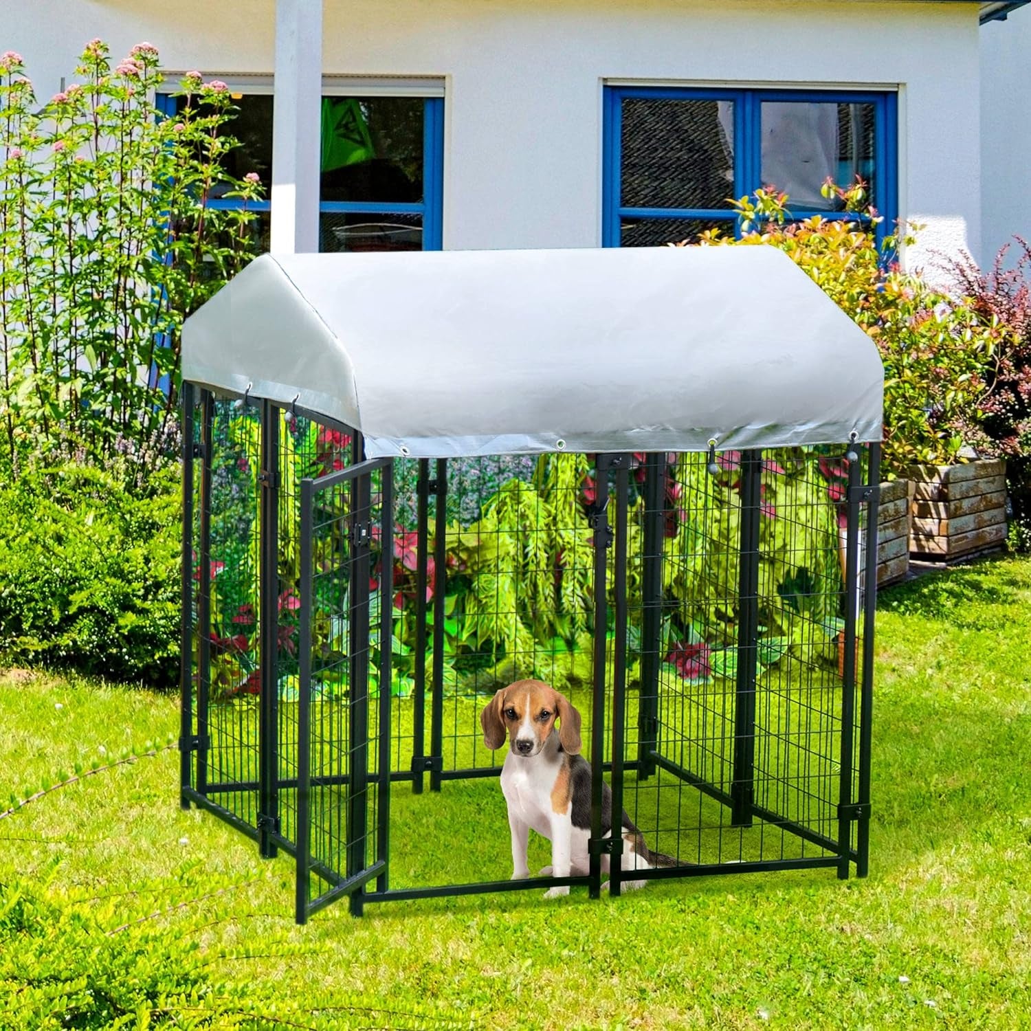 4' X 4' X 4.5' Dog Playpen Outdoor, Dog Kennel Dog Exercise Pen with Lockable Door, Water-Resistant Canopy, for Small and Medium Dogs