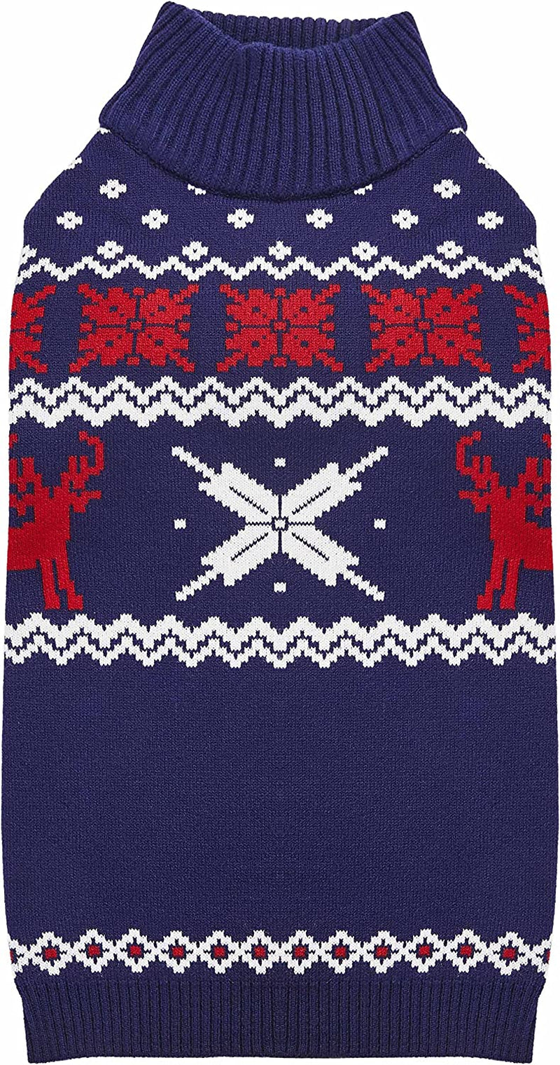 Christmas Reindeer and Snowflake Dog Sweater in Royal Blue, Back Length 18", Pack of 1 Clothes for Dogs