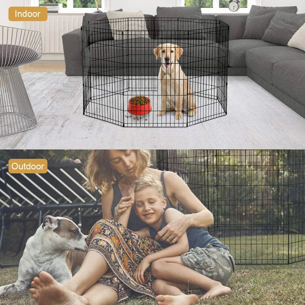 Playpen Dog Fence, Exercise Pen Metal Wire Portable Crate Kennel Cage for Small Pet (Dog, Cat, Rabbit) Black, 24 Inches