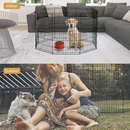 Playpen Dog Fence, Exercise Pen Metal Wire Portable Crate Kennel Cage for Small Pet (Dog, Cat, Rabbit) Black, 24 Inches