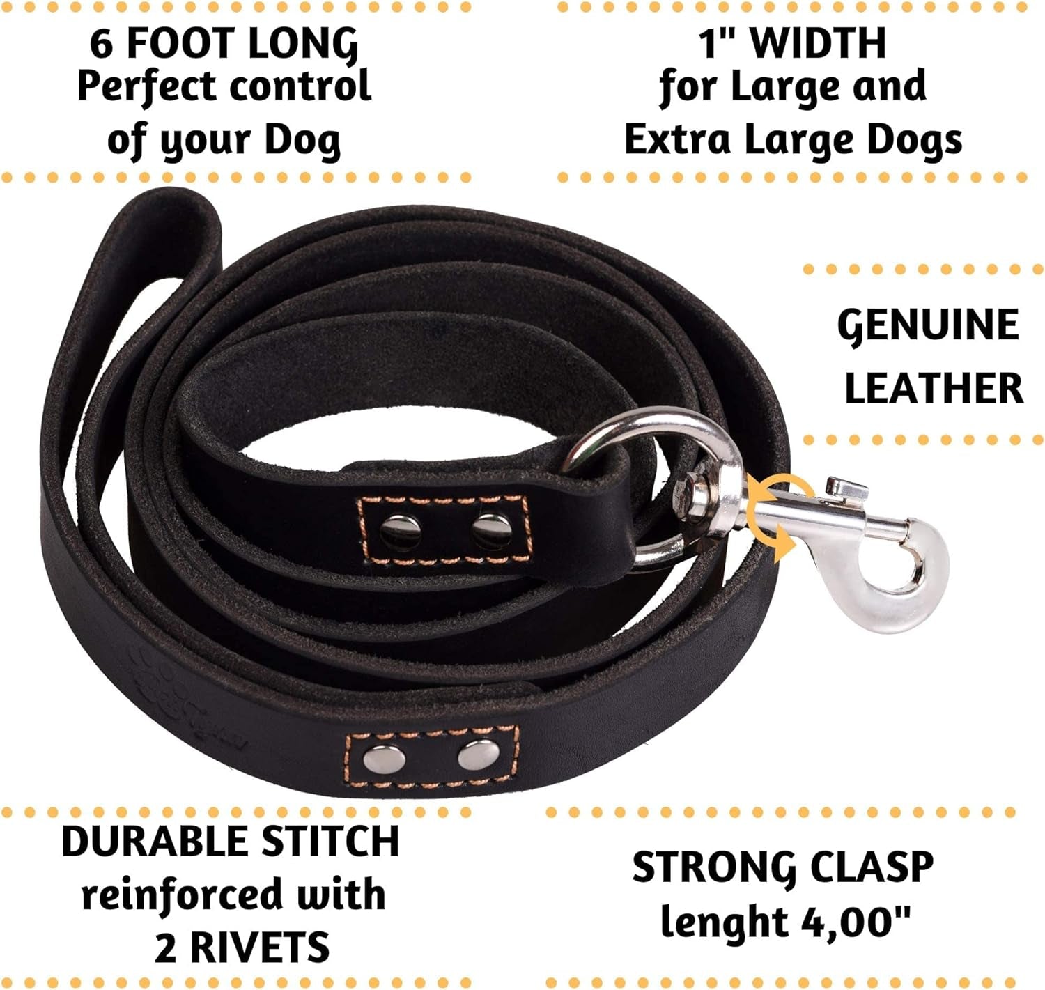 Heavy Duty Leather Dog Leash 6 Ft X 1" - Dog Leash for Large Dogs and Extra Large Dogs - Strong and Soft Dog Training Leash (XL - 6 Ft X 1 Inch, Black)