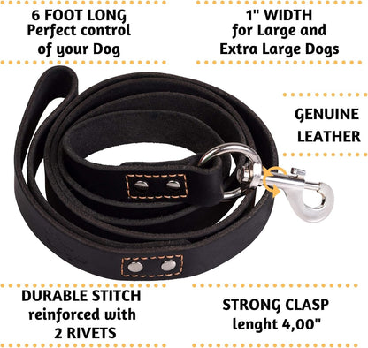 Heavy Duty Leather Dog Leash 6 Ft X 1" - Dog Leash for Large Dogs and Extra Large Dogs - Strong and Soft Dog Training Leash (XL - 6 Ft X 1 Inch, Black)