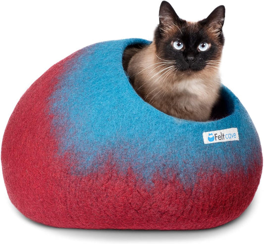 Medium Cat Cave Bed | Maroon & Aqua | Cute and Cozy Cat Cave Handcrafted Merino Wool | Hideaway for Indoor Cats | Warming Nest for Kitty | Washable Wool Fabric - Gift for Pets