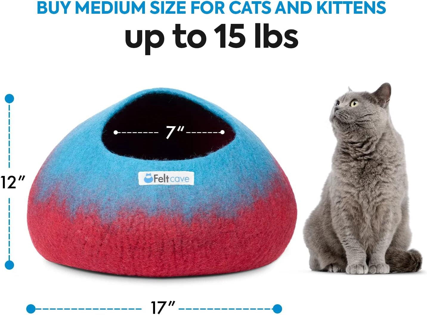 Medium Cat Cave Bed | Maroon & Aqua | Cute and Cozy Cat Cave Handcrafted Merino Wool | Hideaway for Indoor Cats | Warming Nest for Kitty | Washable Wool Fabric - Gift for Pets