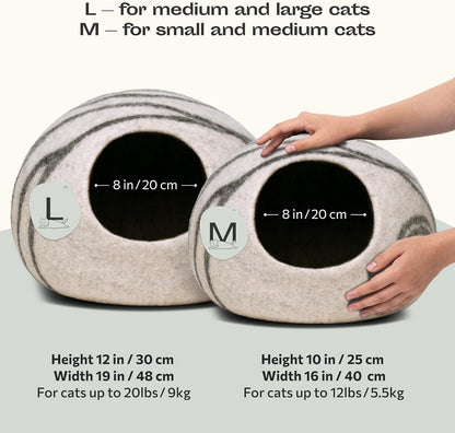 Cat Bed Cave Premium Felt - Handmade 100% Merino Wool Bed for Cats and Kittens (Light Shades) (Large, Light Grey)