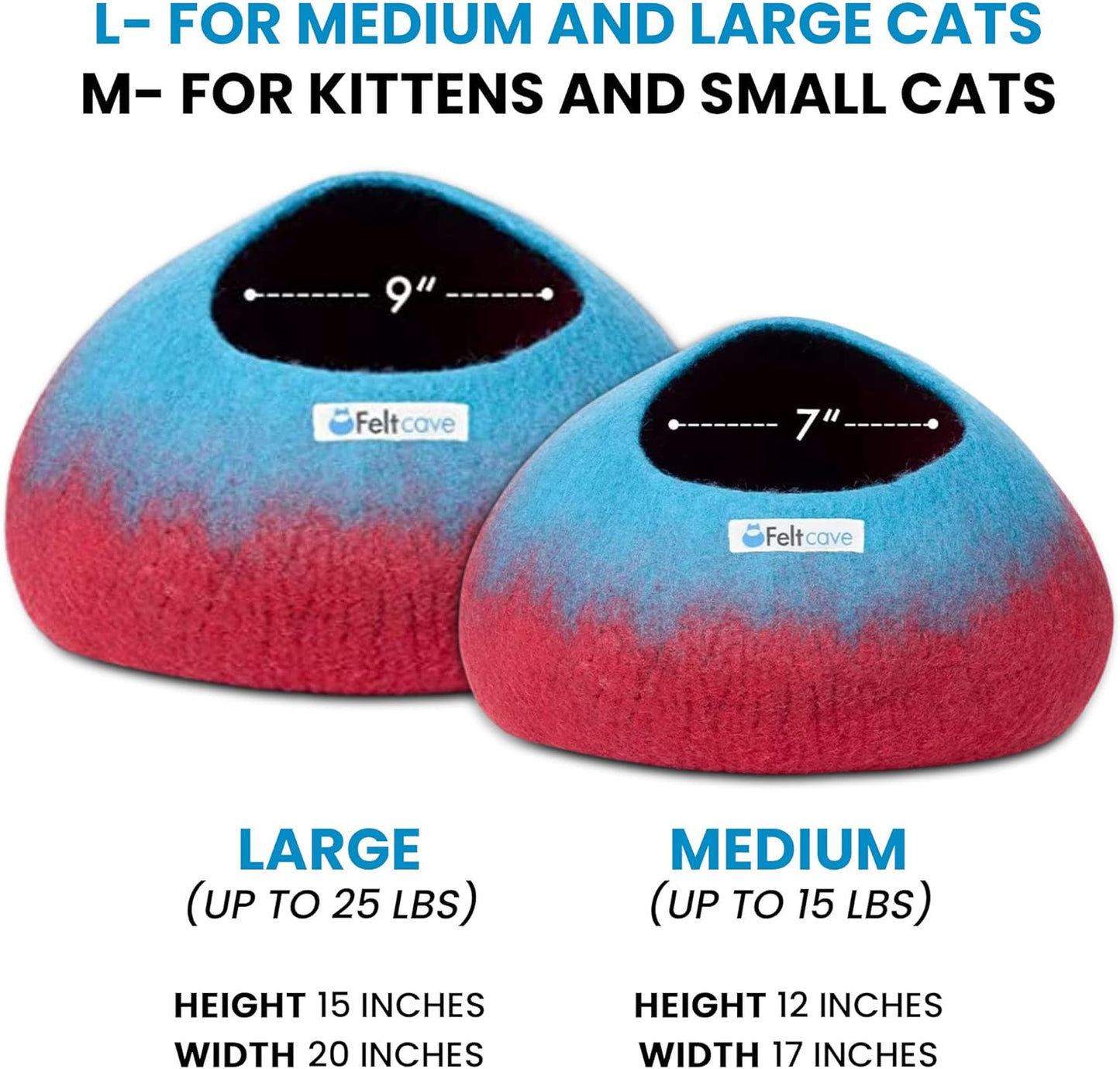 Medium Cat Cave Bed | Maroon & Aqua | Cute and Cozy Cat Cave Handcrafted Merino Wool | Hideaway for Indoor Cats | Warming Nest for Kitty | Washable Wool Fabric - Gift for Pets