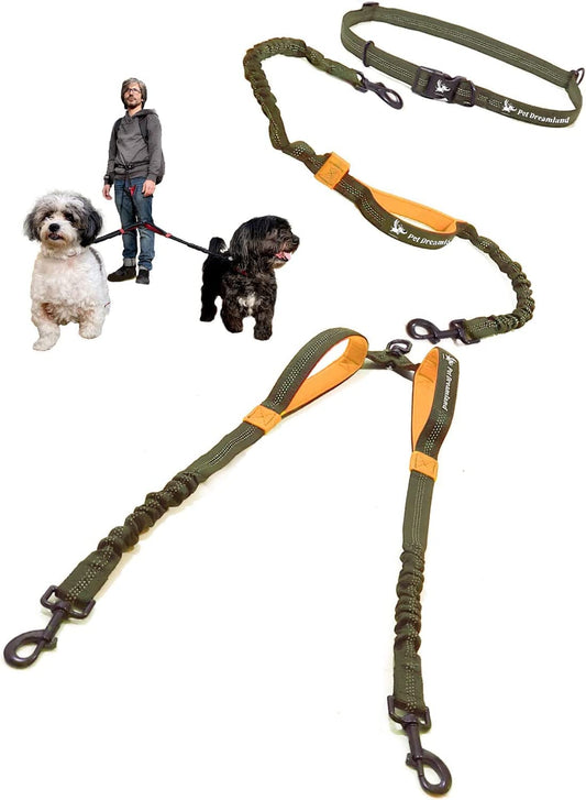 Hands Free Double Dog Leash for Small Dogs - Dual Dog Leash - Two Dog Leash No Tangle - Dog Leash for 2 Dogs - Double Leash - Leash Splitter - Double Clip Leash Coupler (Small, Khaki & Orange)