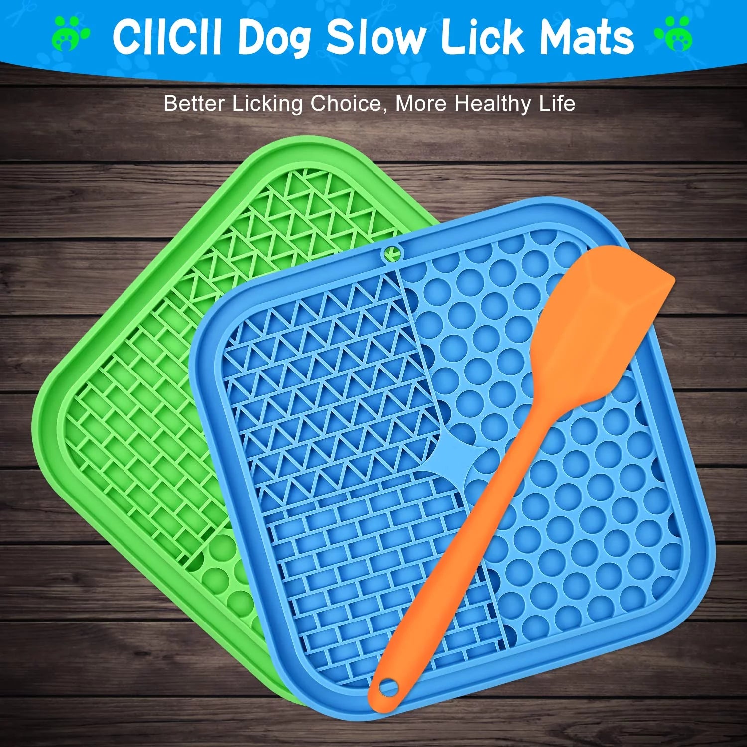 Lick Mat for Dogs,  3Pcs Slow Feeder Dog Bowls with Suction Cups（Green Dog Lick Mat + Blue Lick Mat for Cats + Orange Spatula） for Dog Treats & Cat Food (Anti-Slip, Food Grade Silicone)