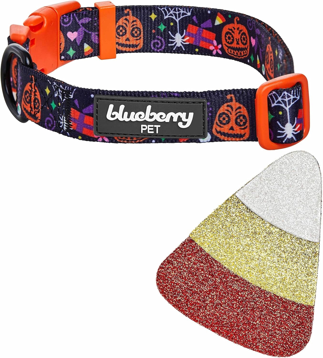 Halloween Candy Corn Adjustable Dog Collar with Detachable Glitter Accessory, Medium, Neck 14.5"-20"