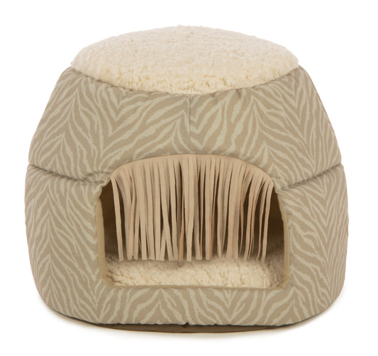 Fringed Honeycomb One Size Convertible Cat Bed to Cat Cave, Tonal Tiger Tan