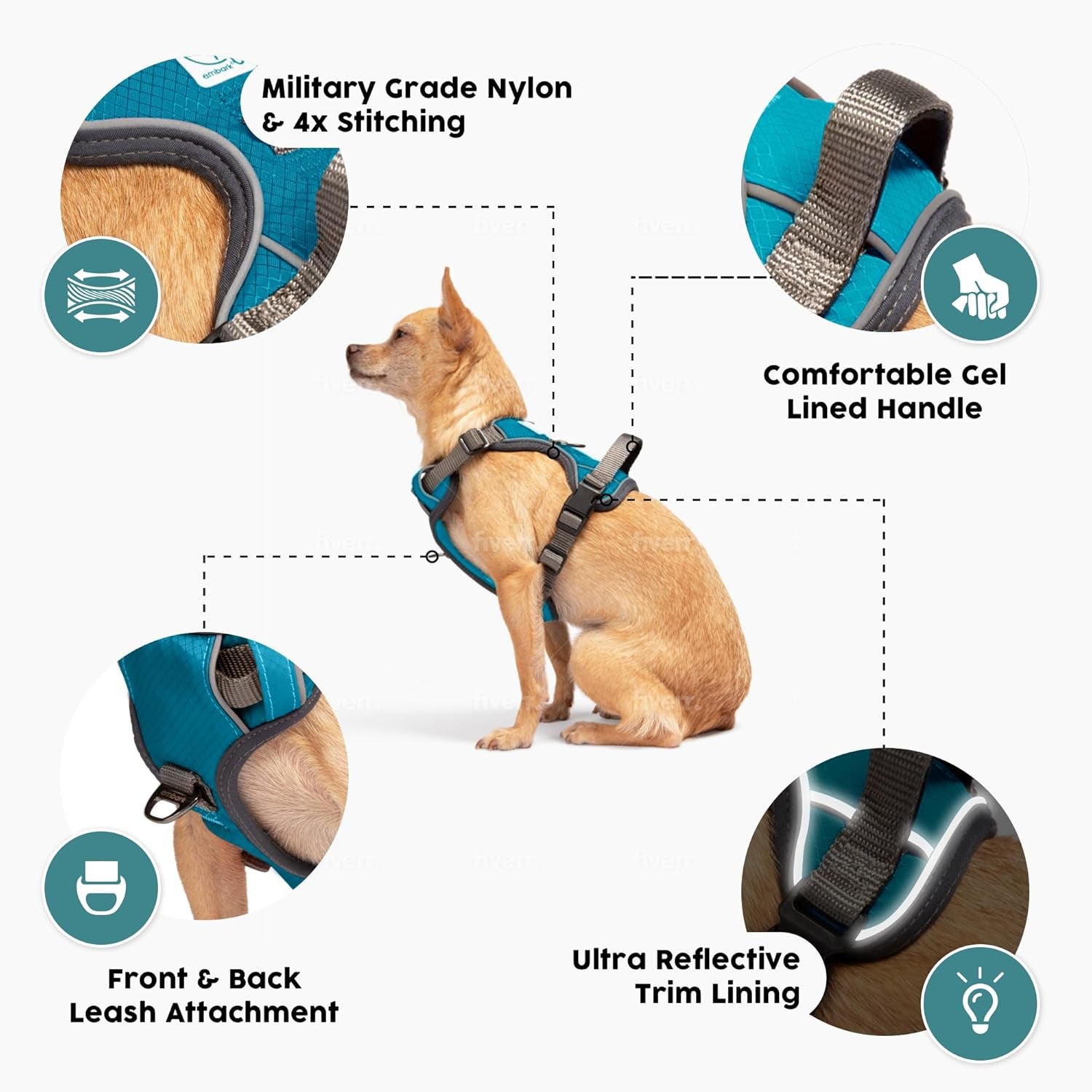 Embark Adventure Dog Harness, No-Pull Reflective Trim Dog Harness for Small, Medium & Large Dogs - Military Grade Nylon, 2 Leash Clips & Gel Lined Handle. Soft & Padded Puppy Dog Vest for Any Breed