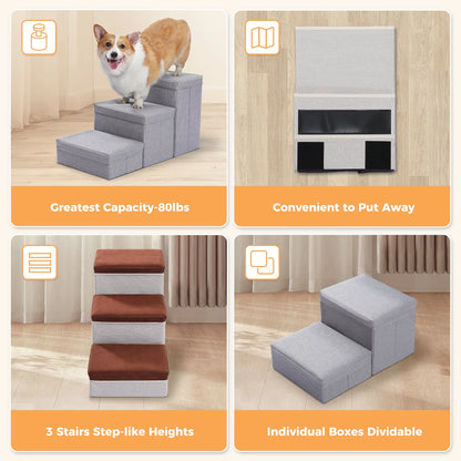 Pet Stairs 3-Step Dog Ramp Ladder with Storage Boxes Folding Cat Dog Ramp for High Bed Couches,Brown