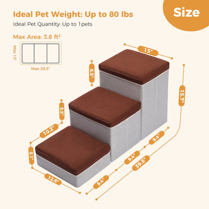 Pet Stairs 3-Step Dog Ramp Ladder with Storage Boxes Folding Cat Dog Ramp for High Bed Couches,Brown