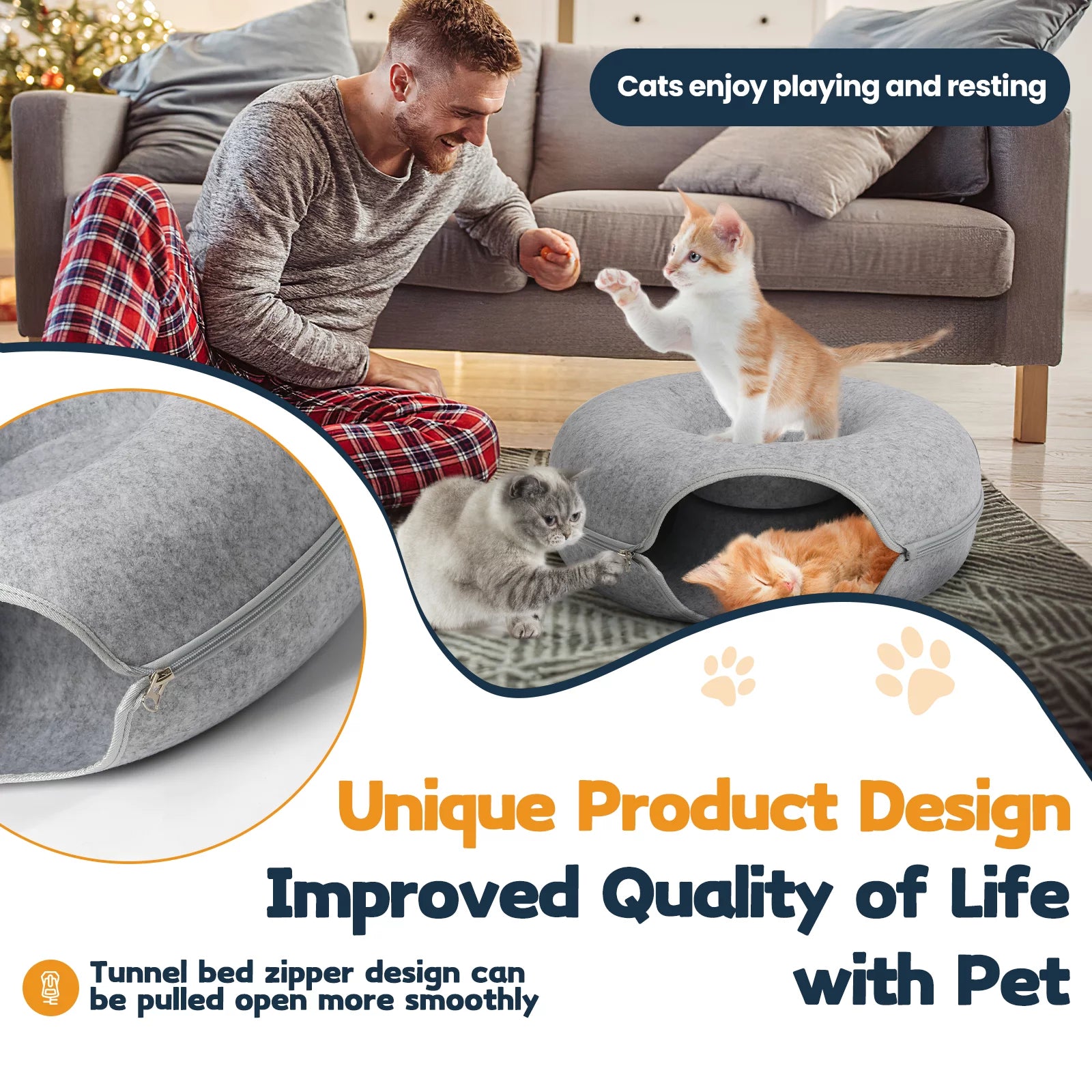 Cat Tunnel Bed,Peekaboo Cat Cave,Detachable Tunnels for Indoor Cats,Cat Tunnel Toy,Felt round Cat Bed Suitable for the Rabbits and Small Guinea Pigs(24Inch,Light Grey,Cat up to 22 Lbs)