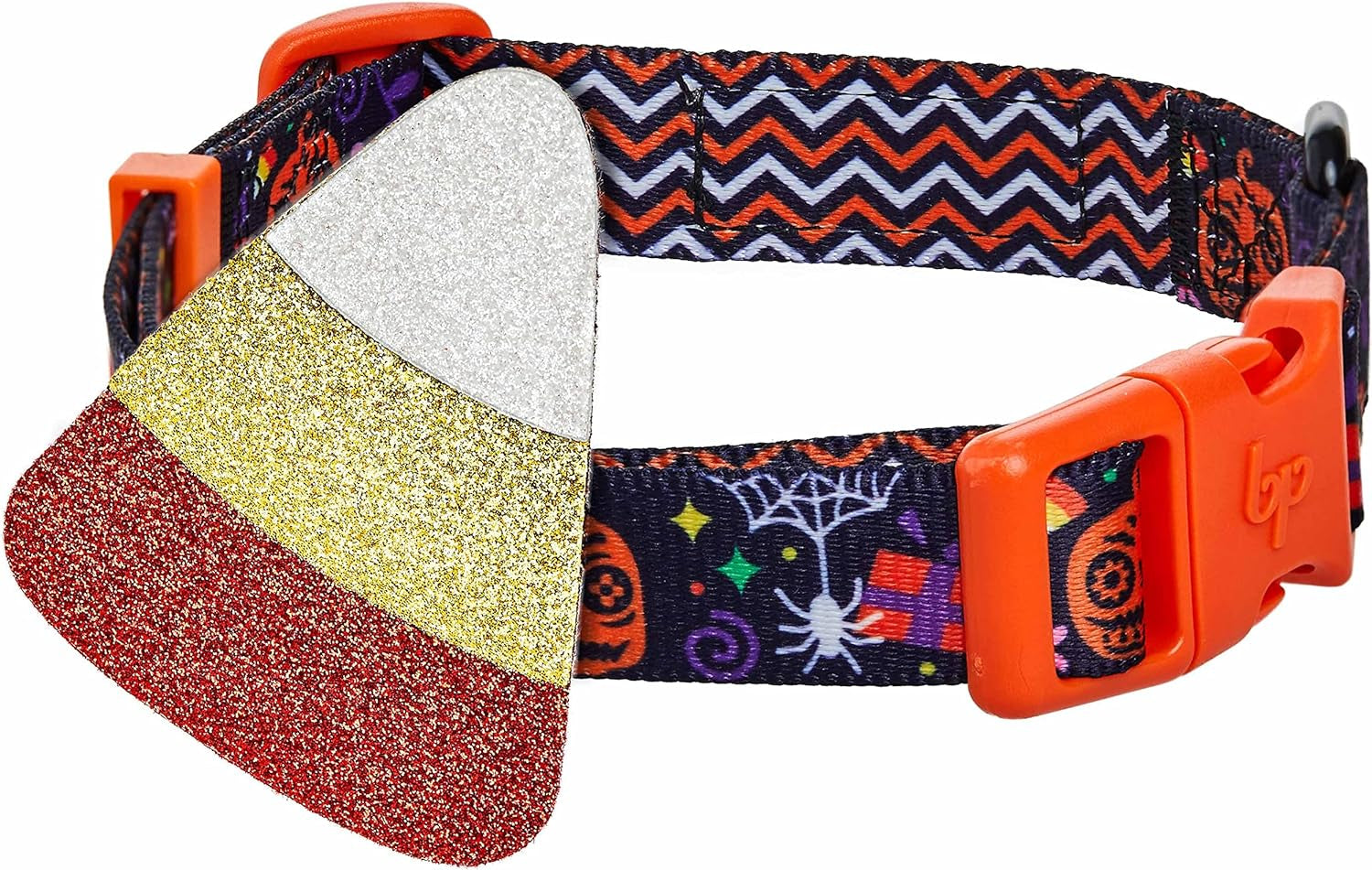 Halloween Candy Corn Adjustable Dog Collar with Detachable Glitter Accessory, Medium, Neck 14.5"-20"