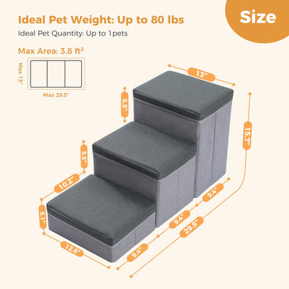 Pet Stairs 3-Step Dog Ramp Ladder with Storage Boxes Folding Ramp for Small Medium Dogs, Dark Gray