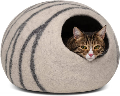 Cat Bed Cave Premium Felt - Handmade 100% Merino Wool Bed for Cats and Kittens (Light Shades) (Large, Light Grey)