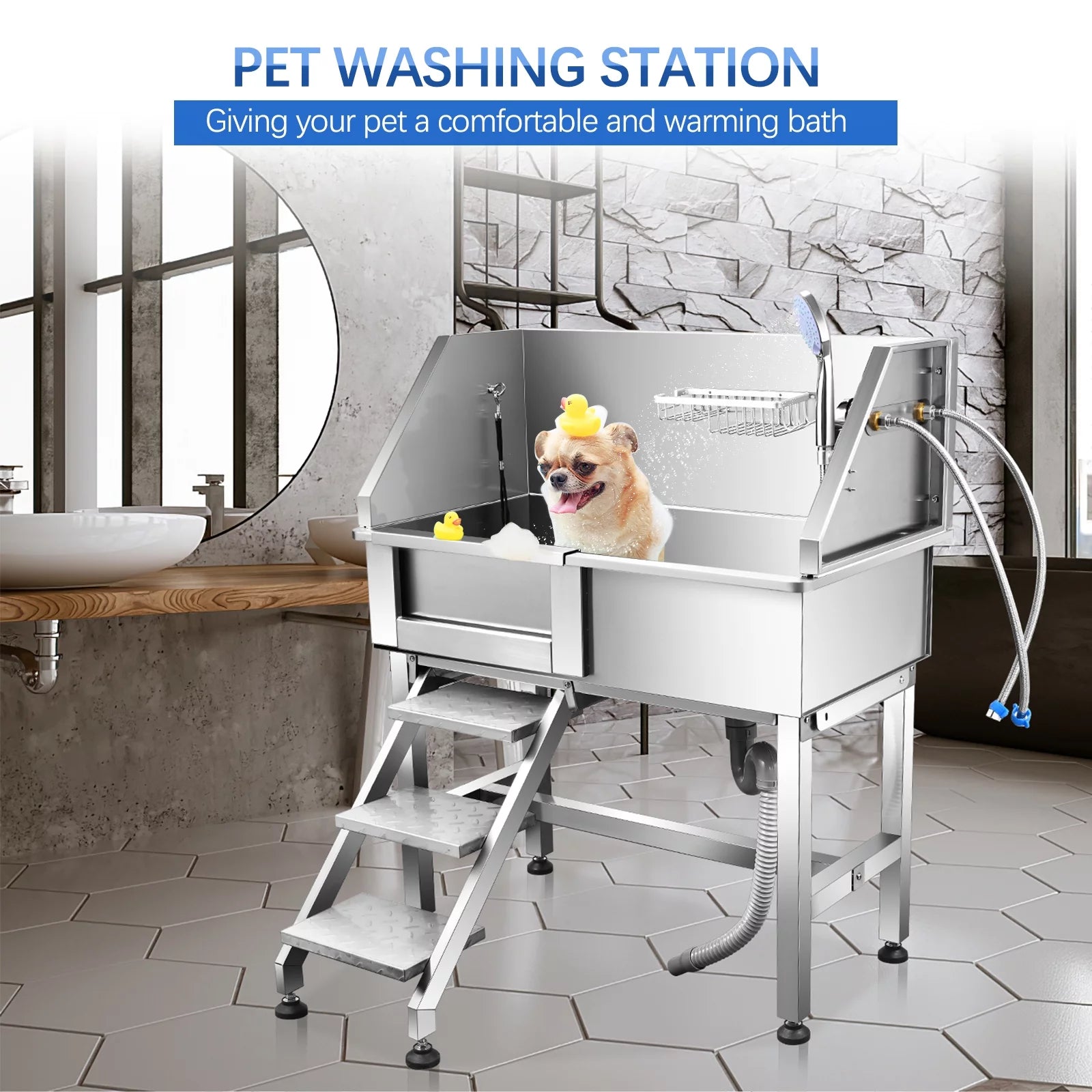 34'' Pet Grooming Bahtub for Small Dogs,Pet Home Washing Station for Small Pets Stainless Steel with Sliding Doors