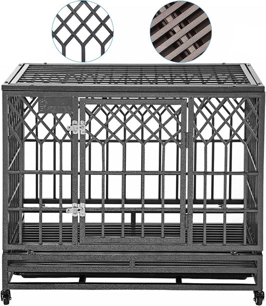 Heavy Duty Dog Cage for Large Dog Strong Metal Kennel and Crate Pet Playpen with Three Doors, Four Wheels,38 Inch,Y Shape,Silver … … …