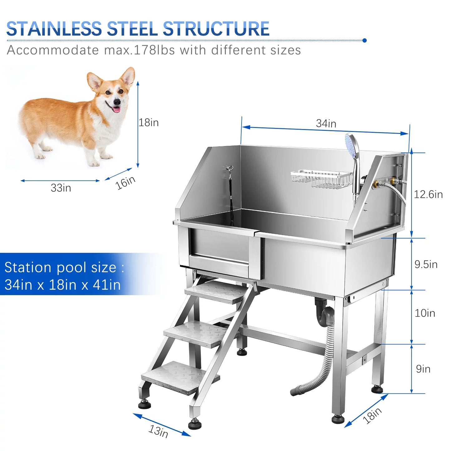 34'' Pet Grooming Bahtub for Small Dogs,Pet Home Washing Station for Small Pets Stainless Steel with Sliding Doors