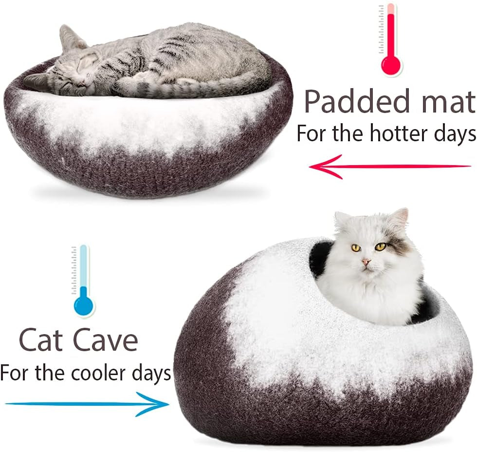 Handcrafted Felted Wool Cat Cave Bed for Cat and Kittens - Felted from 100% Natural Wool (Coffee Petals)