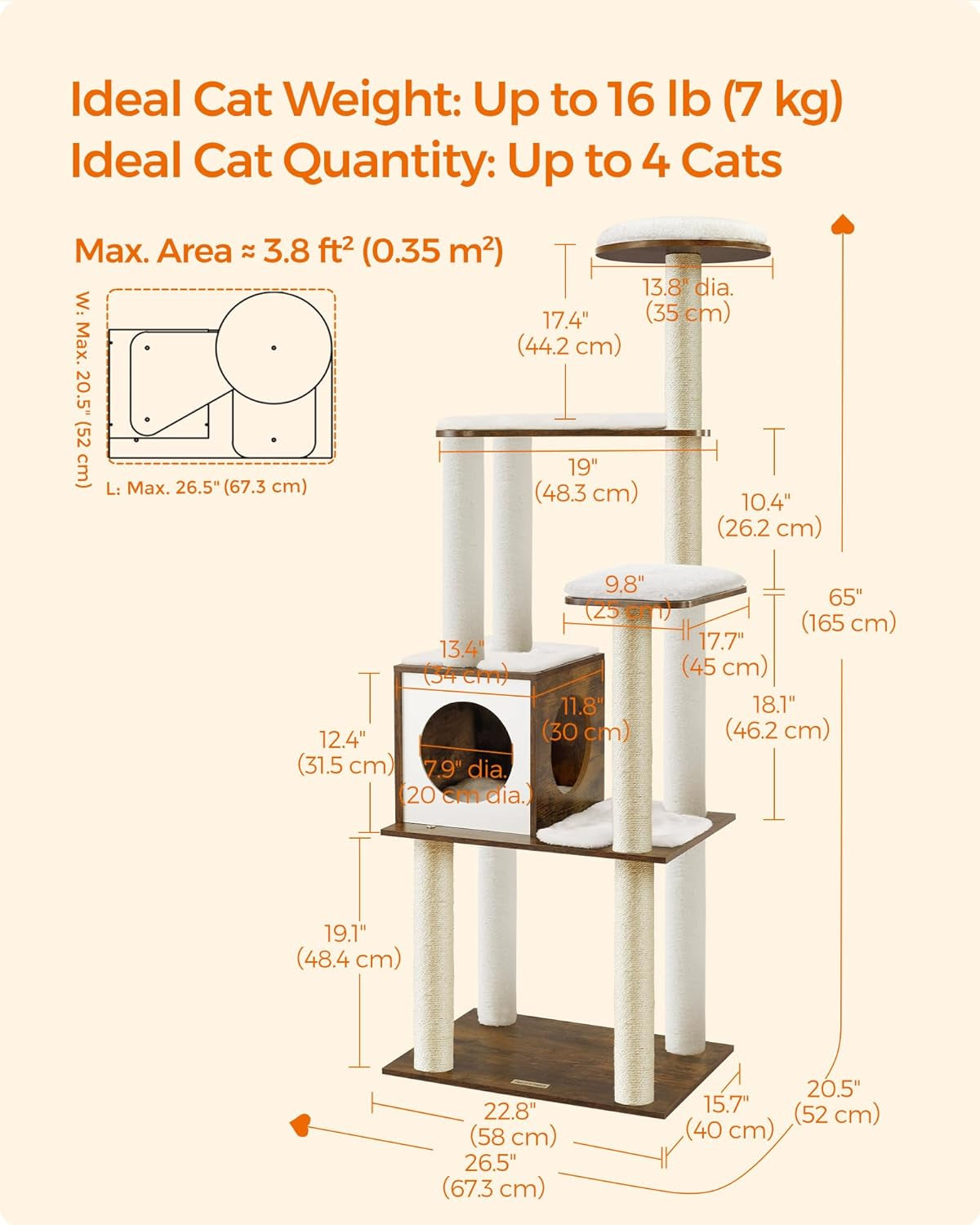 Woodywonders Cat Tree, 65-Inch Modern Cat Tower for Indoor Cats, Multi-Level Cat Condo with 5 Scratching Posts, Perch, Washable Removable Cushions, Cat Furniture, Rustic Brown UPCT166X01