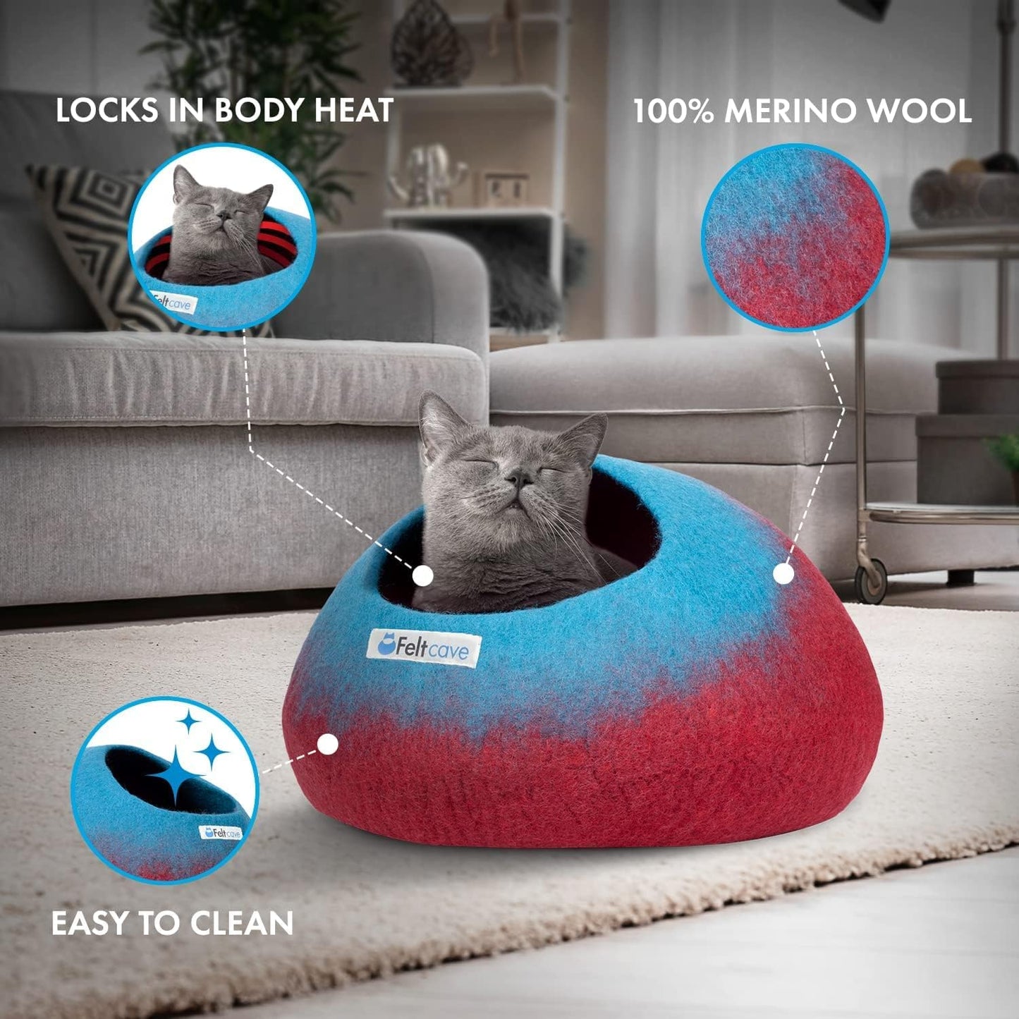 Medium Cat Cave Bed | Maroon & Aqua | Cute and Cozy Cat Cave Handcrafted Merino Wool | Hideaway for Indoor Cats | Warming Nest for Kitty | Washable Wool Fabric - Gift for Pets