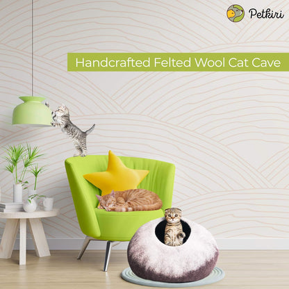 Handcrafted Felted Wool Cat Cave Bed for Cat and Kittens - Felted from 100% Natural Wool (Coffee Petals)