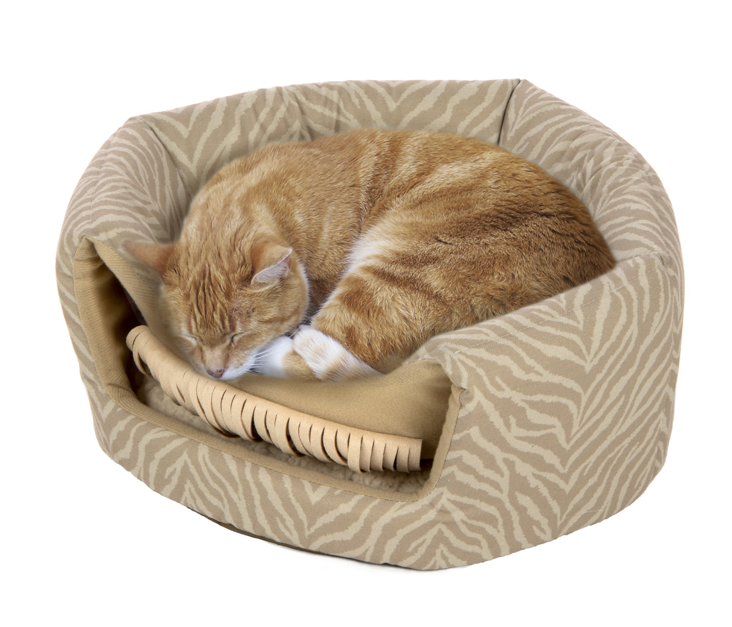 Fringed Honeycomb One Size Convertible Cat Bed to Cat Cave, Tonal Tiger Tan