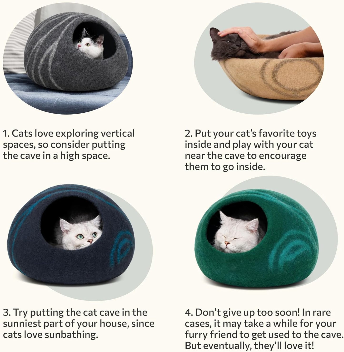 Cat Bed Cave Premium Felt - Handmade 100% Merino Wool Bed for Cats and Kittens (Light Shades) (Large, Light Grey)