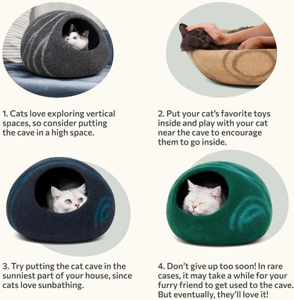 Cat Bed Cave Premium Felt - Handmade 100% Merino Wool Bed for Cats and Kittens (Light Shades) (Large, Light Grey)