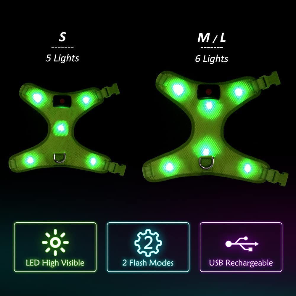 LED Dog Harness, Lighted up USB Rechargeable Pet Harness, Illuminated Reflective Glowing Dog Vest Adjustable Soft Padded No-Pull Suit for Small Medium Large Dogs (Green, S)